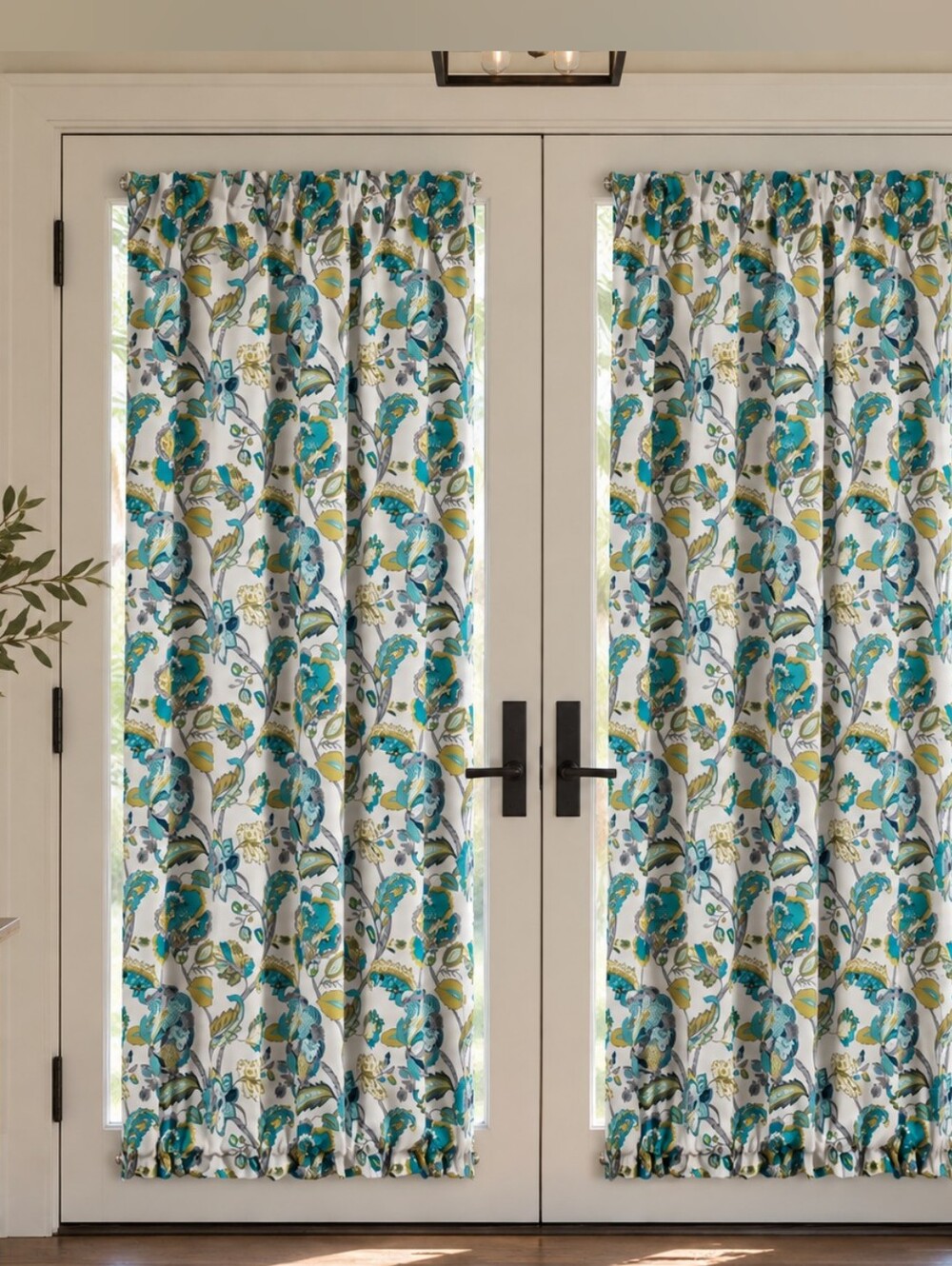 Teal Floral Blackout Door Curtain Panel 52x72 Thermal Insulated Tieback